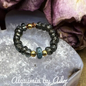 Silver hematite beaded gem ring and blue apatite boho